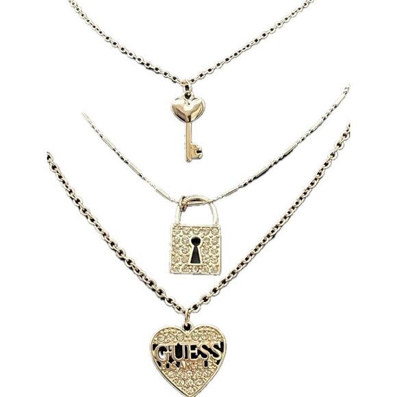 Guess Rose Gold Pave Crystal Lock-Key-Heart Charms Triple Strand Chain Necklace - Picture 2 of 7